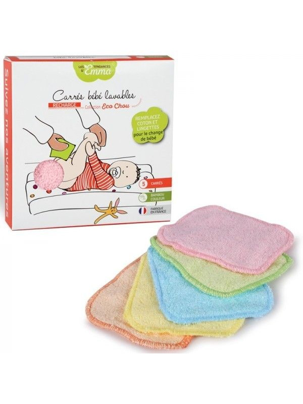 5 carrés bébé lavables couleur - bambou